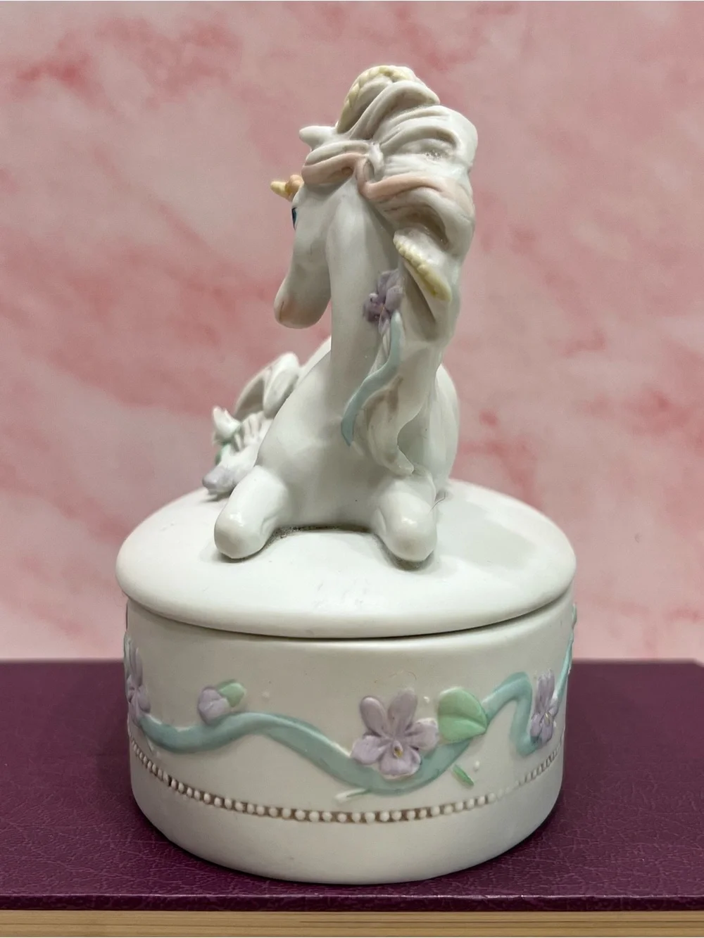 Vintage Porcelain Unicorn Trinket Keepsake Box Cottagecore Pastel Whimsical
